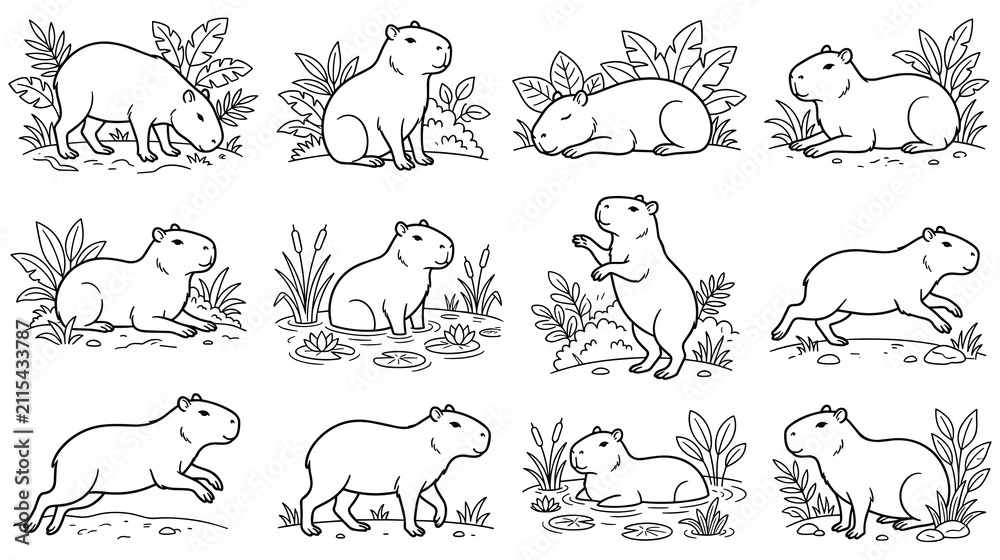 Obraz premium Set of capybara characters in different poses for animal coloring pages.