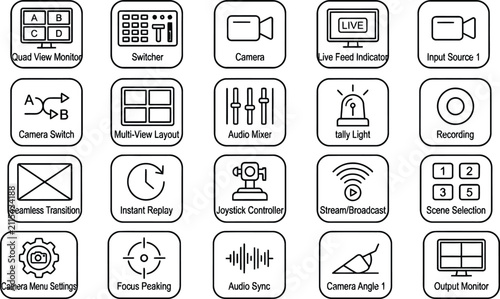 Картината върху платно Vector line icon set of multi camera switcher live video production broadcasting
