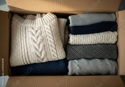 Cardboard box packed with neatly folded wool sweaters and knit clothing