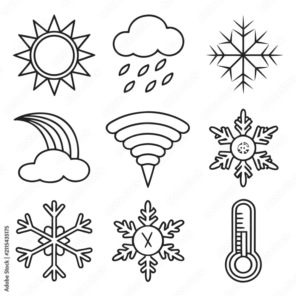 Obraz premium Weather forecast symbols and seasonal temperature icons set