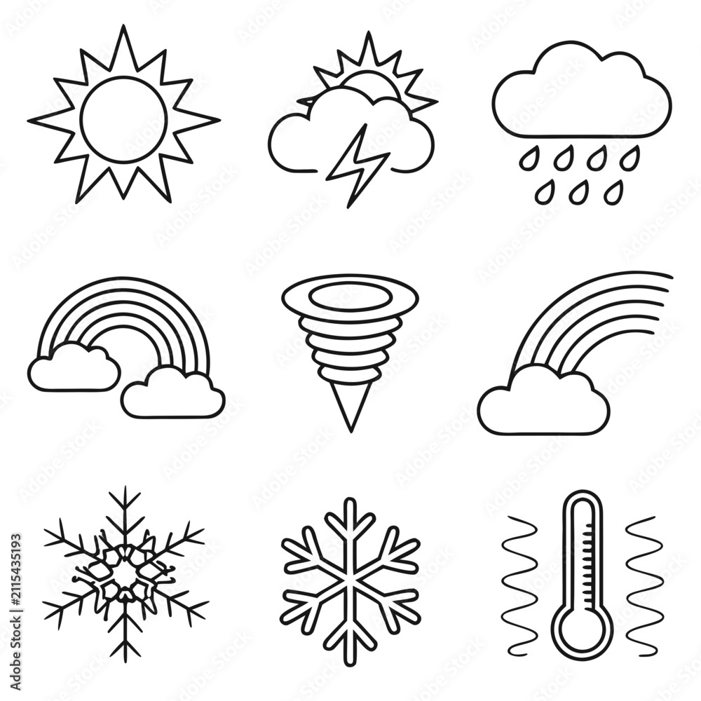 Obraz premium Weather icons set representing sun rain rainbow and temperature