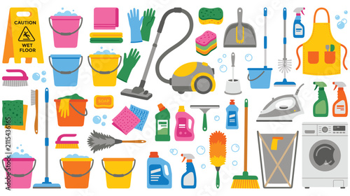 Fotografie Cleaning supplies and equipment set for household chores.