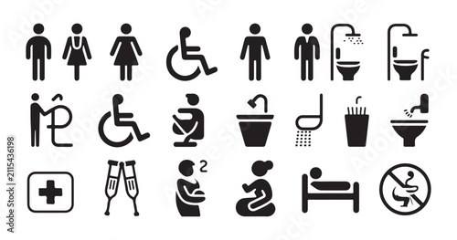 Collection of universal accessibility and restroom symbols on transparent background vector illustration.