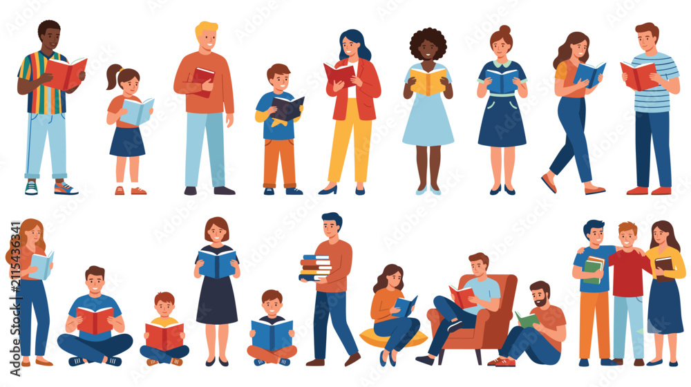 Fototapeta premium People reading books in different poses and locations.