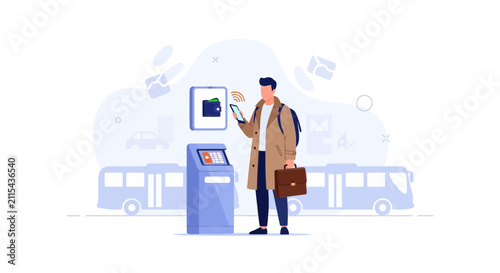 Man Using Smartphone for Contactless Payment at Transit Ticket Kiosk with Bus and Car in Background