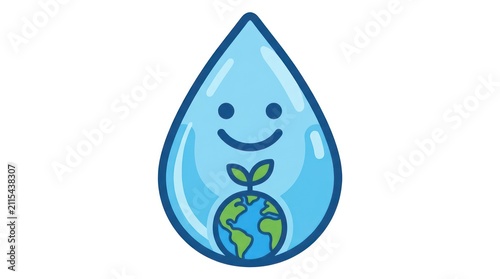 Happy water drop containing a planet earth with a sprout
