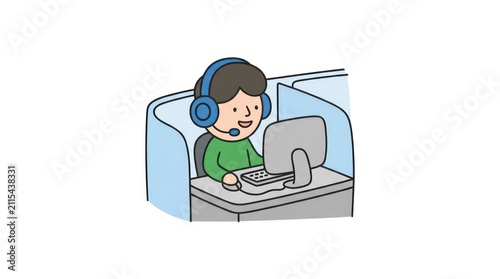 Customer support representative working at a computer with a headset