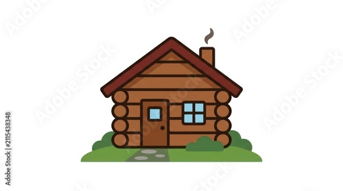 Rustic log cabin in the woods with smoking chimney