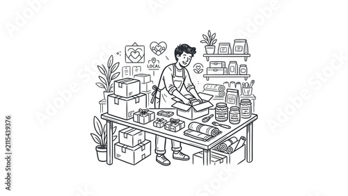 Small Business Owner Packing Orders, E-commerce Shipping, Online Store Fulfillment, Cartoon Sketch