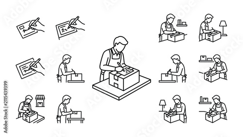 Businesswoman Signing Documents and Packaging Boxes for Shipping, E-commerce Order Fulfillment Set, Line Art Collection