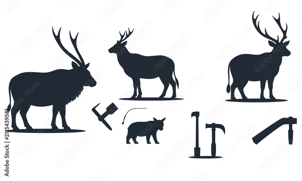 Fototapeta premium Silhouettes of deer and construction equipment with silhouettes, wildlife