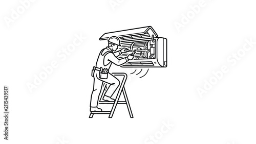 Air Conditioning Repairman Working on Unit Mounted High on Wall, Technician Maintenance HVAC System