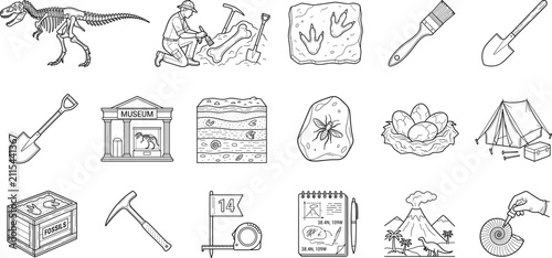 Bild auf Leinwand Paleontology and Fossil Excavation Line Icons Collection for Archaeology and Nat