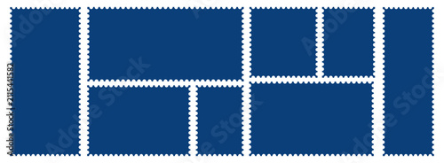 фотографія Set of blue postage stamp frames with serrated edges on a transparent background