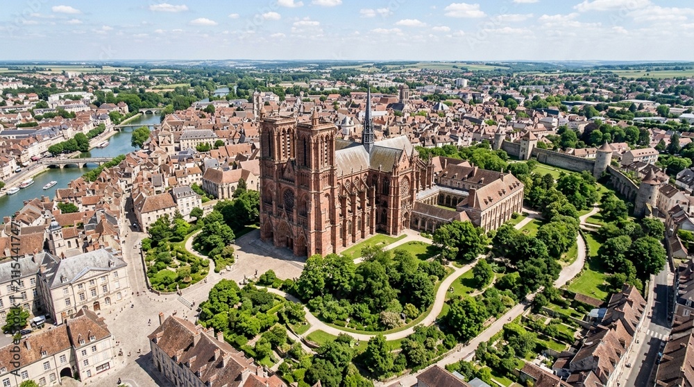Naklejka premium Aerial View of Sens Cathedral and Historic Cityscape in Burgundy, France