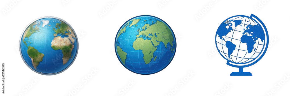 Fototapeta premium Set of three globe icons including planet Earth and a blue desktop globe on a stand, isolated on white background, perfect geography stock graphic and world map commercial design asset