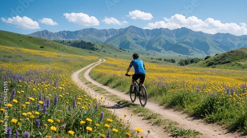 Man rides bicycle on dirt path through spring meadow with yellow flowers. Cyclist explores scenic mountains landscape during sunny summer day. Active male person enjoys outdoor sport leisure activity