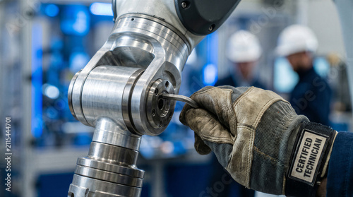 Closeup of a technicians gloved hand using an allen wrench to perform maintenance on a robotic arm in an industrial factory setting