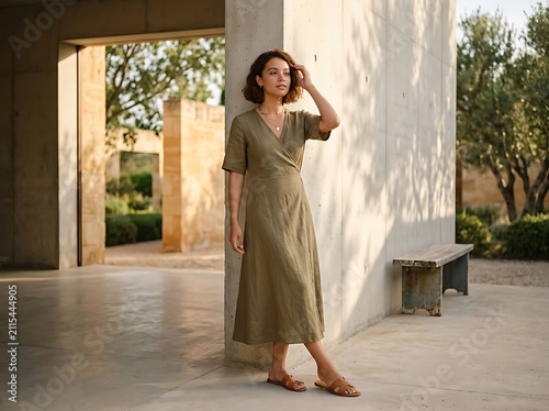 Woman in elegant green dress standing in modern home.