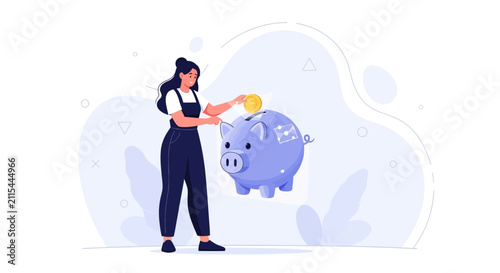 Woman Depositing Coin into Blue Piggy Bank with Digital Pattern - Saving and Investment Concept