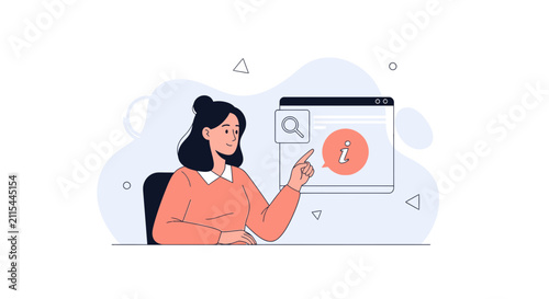 Woman interacting with information on a digital interface, concept of support, assistance, or customer service.
