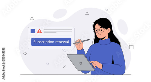 Woman renewing subscription online using laptop and stylus, notification alert on screen