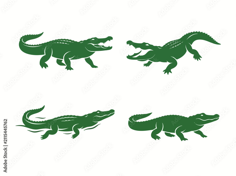 Fototapeta premium Green crocodile and alligator silhouettes. Vector reptile icons for wildlife design projects.