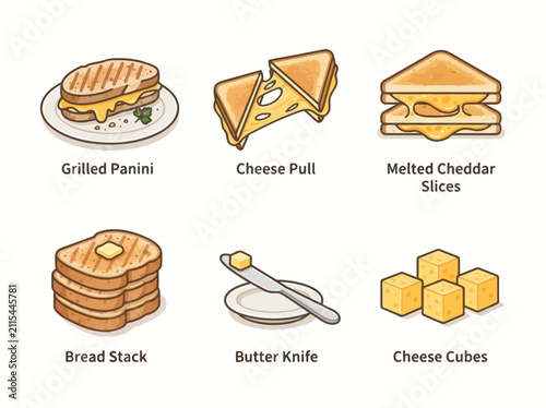 Grilled cheese sandwich icon set. Vector illustration of toasted bread and melted cheese.
