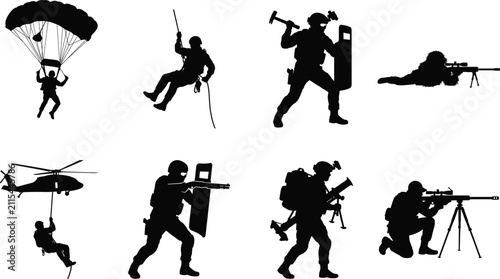 Fotografie Black silhouette icons set of military soldiers, special forces operatives, and