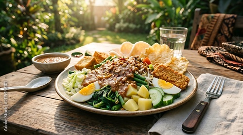 Gourmet salmon salad with fresh greens and dressing.