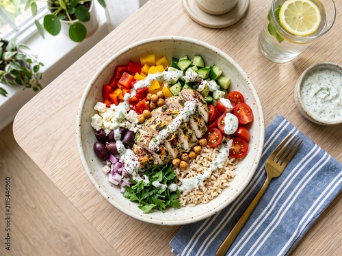 Healthy mediterranean chicken bowl with fresh vegetables and couscous.