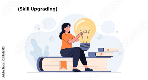 Young woman learning and gaining new ideas, symbolized by a bright lightbulb, sitting on a stack of books.