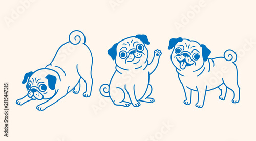 Quadro su tela Cute Pug Dog Line Art Minimalist Character Poses Illustration Set Vector, Happy