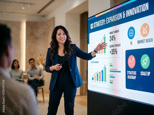 Businesswoman presenting corporate sustainability statistics to team.