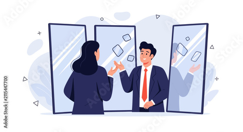 Business People Reflecting in Mirrors, Symbolizing Self-Reflection, Identity, and Decision Making