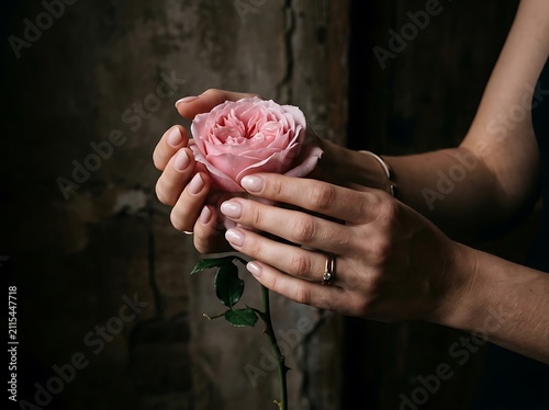 Hand holding pink flower in natural light.