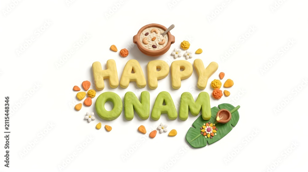 Fototapeta premium Happy Onam greeting card design with traditional clay pot payasam and banana leaf decoration.
