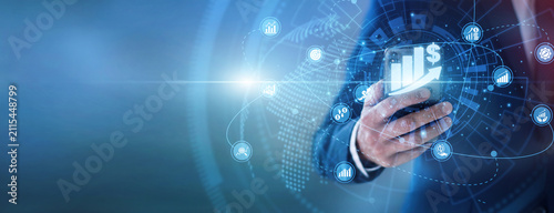 Cuadro en lienzo Marketing strategist using hand hold mobile to Increase Sales revenue campaigns