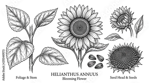 Bild auf Leinwand Botanical Illustration of Sunflower Plant Elements