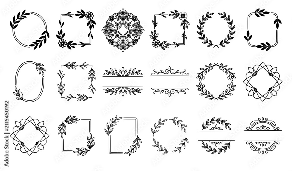 Fototapeta premium Colorful Floral Line Frame Vector Set with Leaf Borders Circular Rectangle Dividers and Botanical Decorative Icons