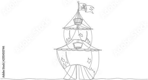 Принти на полотні Hand-drawn Pirate Ship with Jolly Roger Flag, Vector Outline Illustration