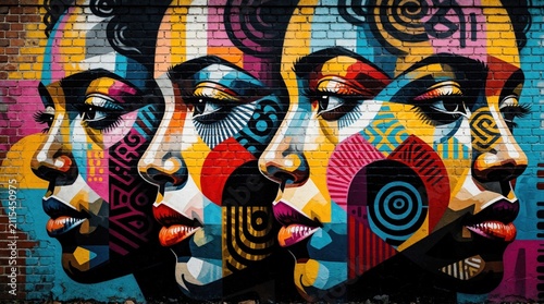 Vibrant mural art on brick wall features trio of colorful side profile faces. Abstract geometric patterns cover human skin with bright red blue yellow shapes. Urban street design represents cultural