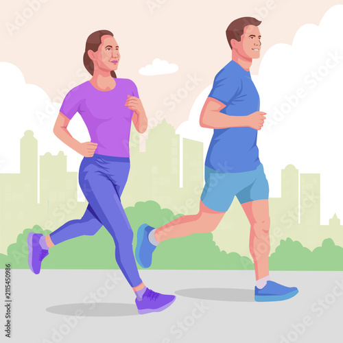 Man and Woman Jogging Together Outdoor Flat Illustration