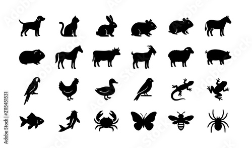 Fotografie Common Pets and Animals Flat Black White Vector Icon Set