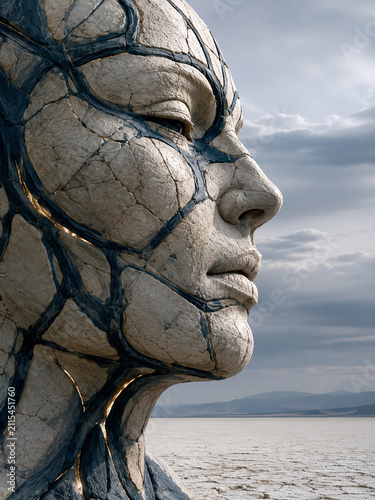 Conceptual cracked stone human face with gold repair details