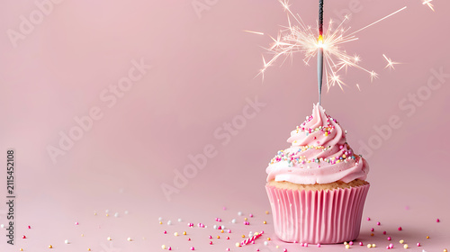 Elegant Pink Birthday Cupcake With Sparkler And Copy Space For Festive Greeting Card Celebration Background