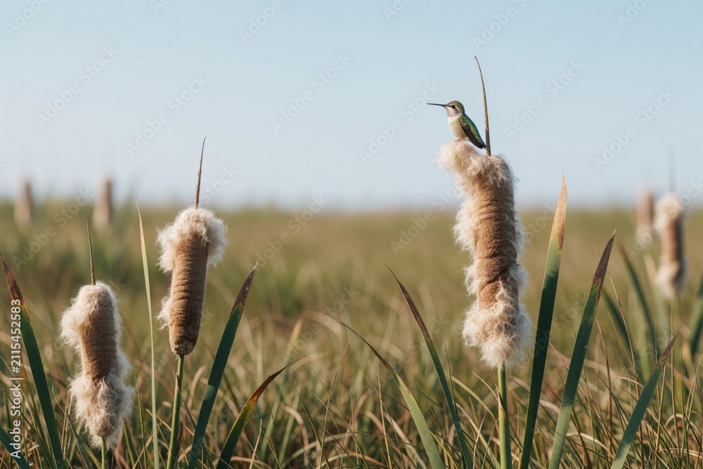Fototapeta premium Tiny hummingbird sits on fluffy cattail in marshland field with green grass. Bird rests on plant seed head under clear blue sky during sunny day.
