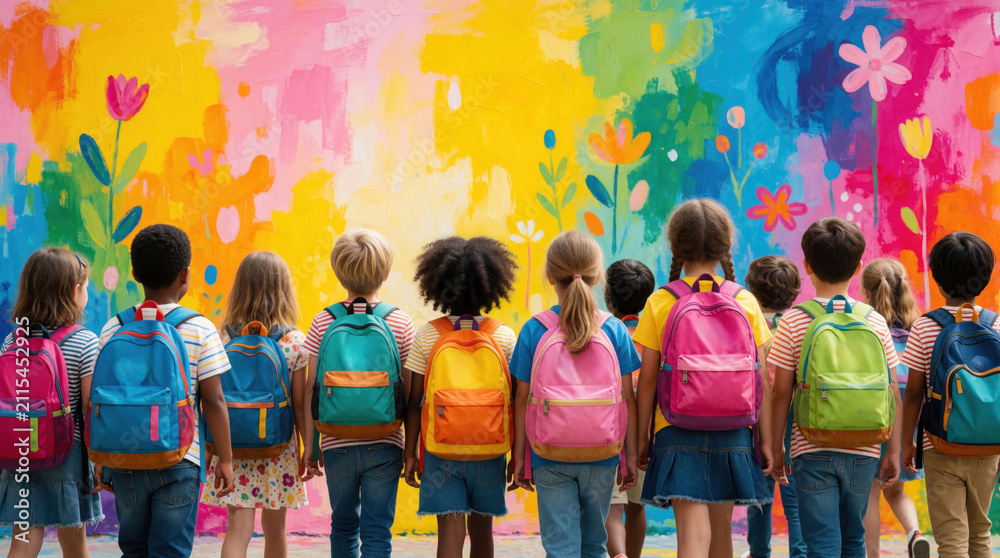 Obraz premium Diverse group of young students with colorful backpacks standing before bright painted wall. Many children look at vibrant floral mural art on school playground. Kids wait together for morning