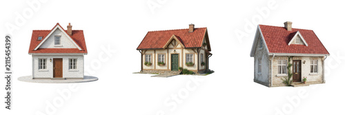Foto Small residential houses and cottages with red tile roofs isolated on white back