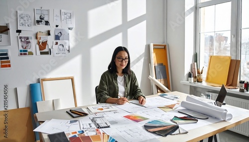 Young Female Interior Designer Sketching Floor Plans and Color Palettes at a Bright Architect Studio Workspace